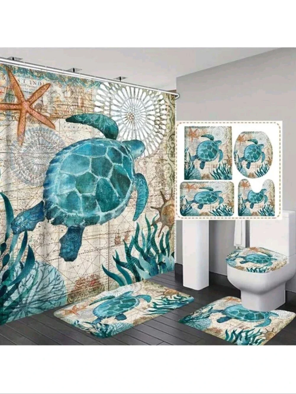 Seaside Turtle Bathroom Set - Teal Shower Curtain & Rugs HOOKS INCLUDED